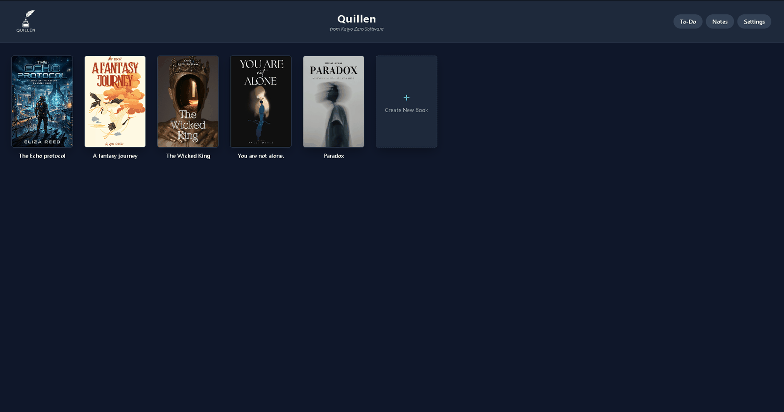 Quillen home screen showing a visual bookshelf of book covers